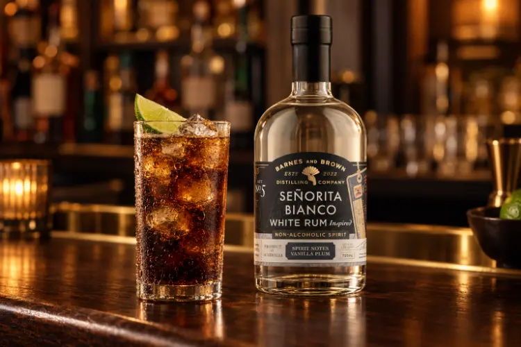 Cuba Libre without alcohol made with Barnes & Brown Señorita Bianco alcohol-free white rum